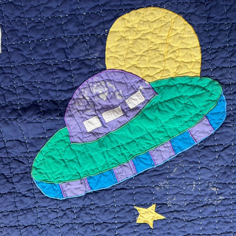Vintage Space Quilt Twin Size 82x61.5 Rocket Planet Solar System Kids Blanket - Picture 3 of 16